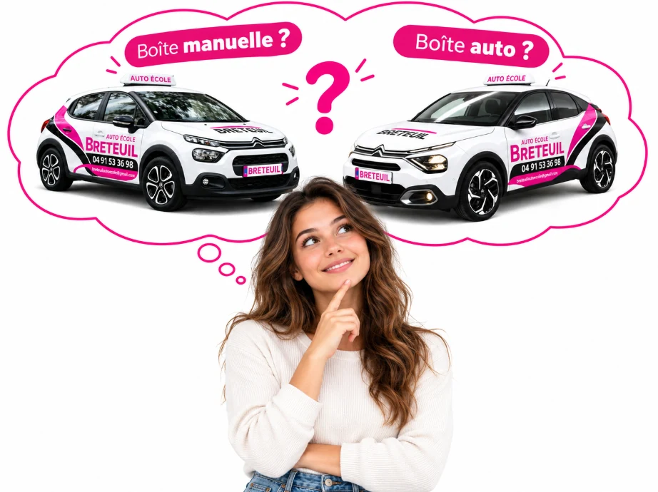 Une élève hésite entre la voiture à boîte manuelle et celle à boîte automatique de l’Auto-École Breteuil