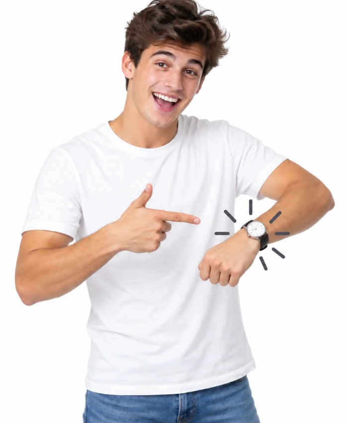 Un élève souriant montre sa montre