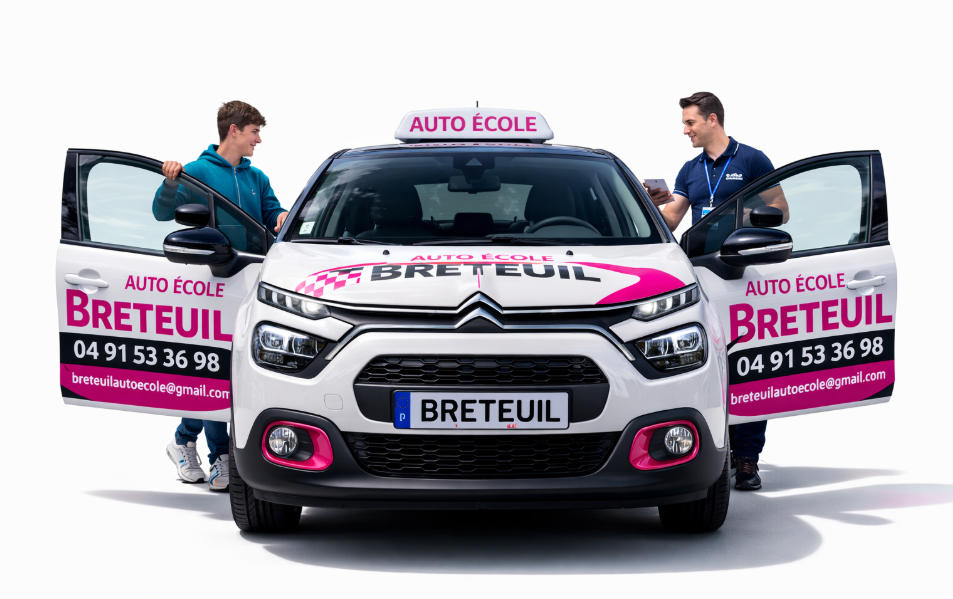 Élève et enseignant auprès d'un véhicule Auto-Ecole Breteuil